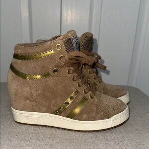 Women’s ASH Spiked Leather/Suede, Tan and Gold Platform, Hi-Top Sneakers US SZ 6